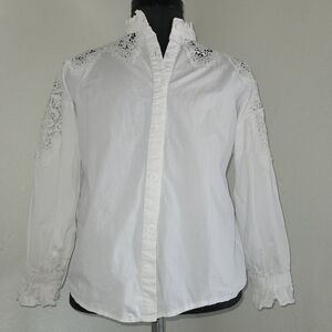 Mushroom Elegant White Crochet Button Down Long Sleeve Women's Top Size Medium